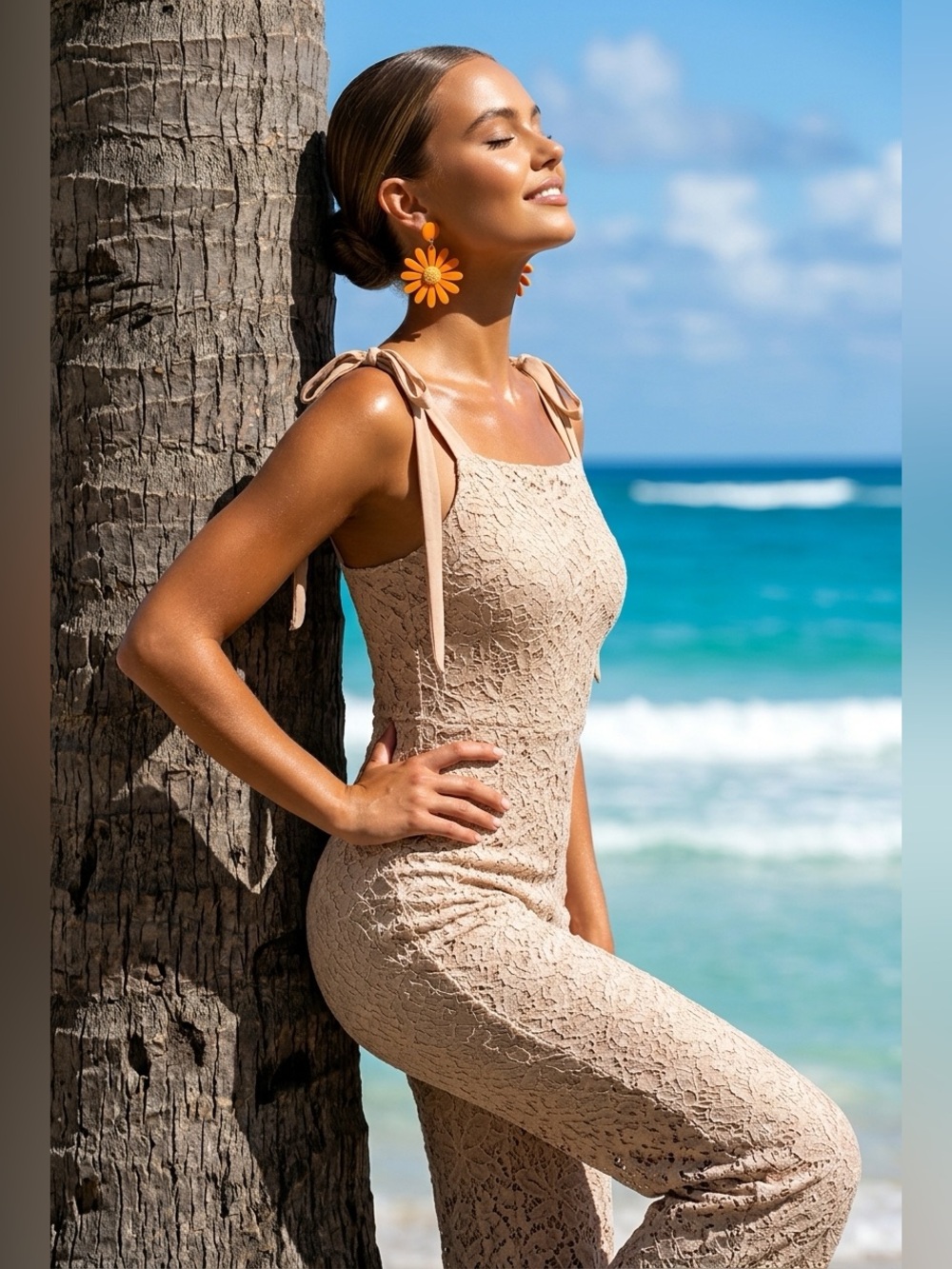 Just Me Jumpsuit Womens Size L Beige Lace Lined Tie Straps NWT sample